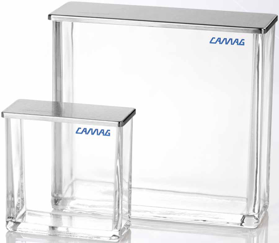 Twin Trough Chamber: Low solvent consumption 20 ml of solvent are sufficient for a 20 20 cm chamber, 10 ml for the 20 10 cm chamber and 5 ml for a 10 10 cm chamber.