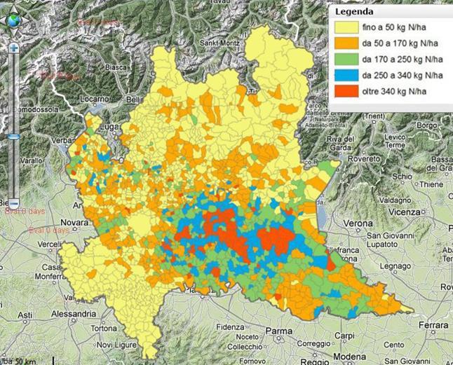 The nitrate pollution problem in Lombardy (1 ML of Cows + 5 ml of pigs; 10 ML inhabitants) The areas