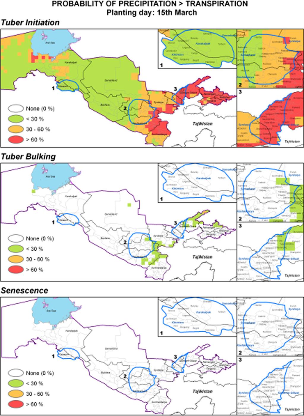 Fig. 2 Main potato cropping area in the lowlands of Uzbekistan (patches defined by blue lines) and probability of drought (precipitation/crop transpiration) at three crop developmental stages: tuber
