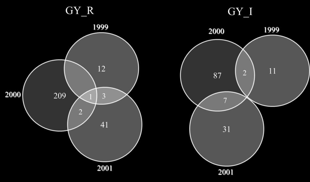 with their intersections among years (GY_R = grain yield in rainfed condition, GY_I = grain yield in controlled irrigation condition).