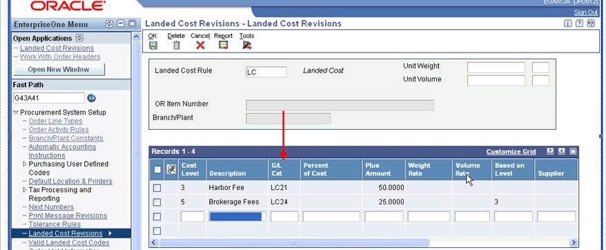 If the user leaves the G/L class blank in the Landed Cost Revisions the system will retrieve the G/L class from the Item Location. Landed costs can be added as a percentage, a fixed amount or both.