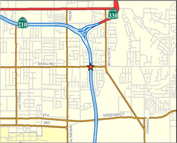 SR-210 SR-210 / BASE LINE STREET Phase: Design & ROW Type: Interchange The project will widen Base Line Street at the SR-210 Interchange as well as widen the existing westbound on and off-ramps, and