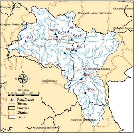 Fig.2 Prajinburi river basin map with streams and locations of the 10 river gauge stations (left panel) and division in to four sub basins and 60 HRUs (right panel) Table.