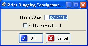 Outgoing This menu item allows you the user to print out all the notes for outgoing consignments for a specific manifest date. The initial window will look as below.