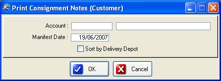 Customer This menu item allows you the user to print out all the notes for outgoing consignments for a specific manifest date and customer. The initial window will look as below.