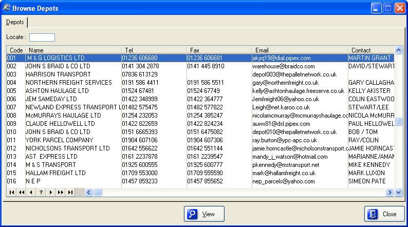 . Depots This menu item allows you to view the complete TPN depot file, this file is automatically updated during the day-start routine.