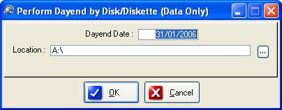 By Diskette This menu item allows you to perform the dayend via Diskette. The initial window looks as below.