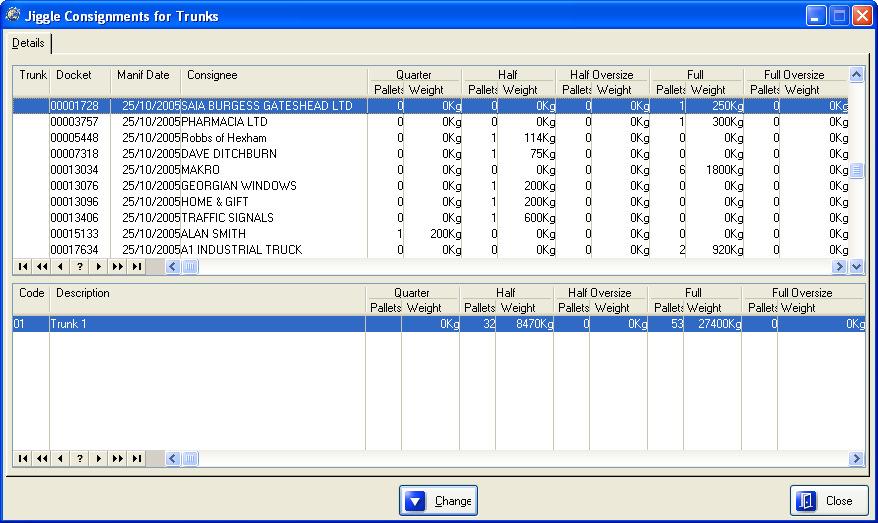 Jiggle Trunks This menu item, allows you to move consignments for a manifest date around the trunks that you have setup. The initial window will look something like below.
