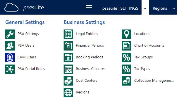 2.1 ORGANIZATION AND FINANCIALS (BASIC) Step 1: Create regions Under psasuite SETTINGS, click Regions. To create the top parent region click + New.