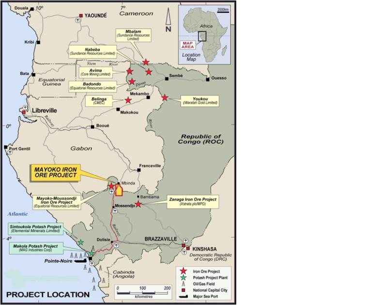 Exxaro s Mayoko Iron Ore Project 7 Location The Project is located in the south west corner of the Republic of Congo and is approximately 300km north east of the port city of Pointe Noire.
