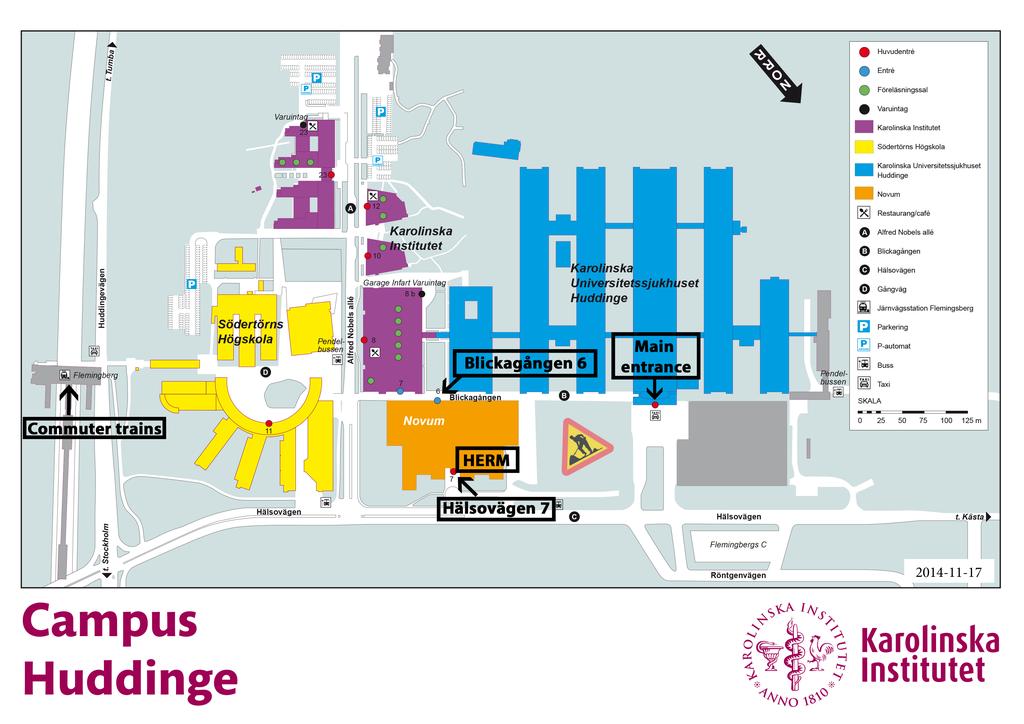 Instructions on how to get to Novum lecture hall and seminar rooms from Blickagången 6 or Hälsovägen 7 entrances Contact person: Lindsay Davies Mobile phone: +46 731 466902 Lili Andersson Mobile
