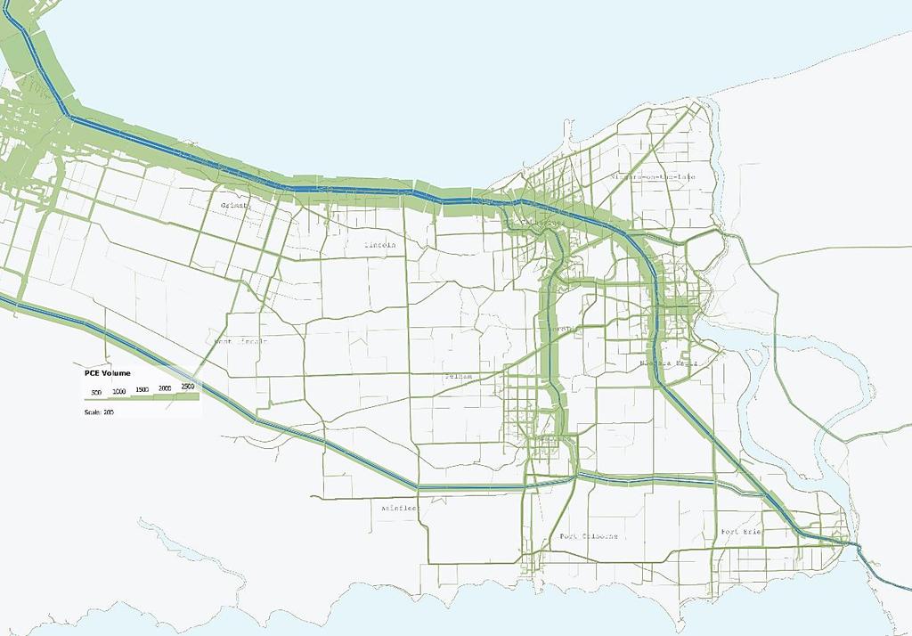 Volumes range from 1,300 to 3,300 PCEs in the City of Hamilton; Approximately 1,050 PCE of traffic is diverted from the QEW to the new corridor (450 passenger vehicles and 600 truck PCEs) In the