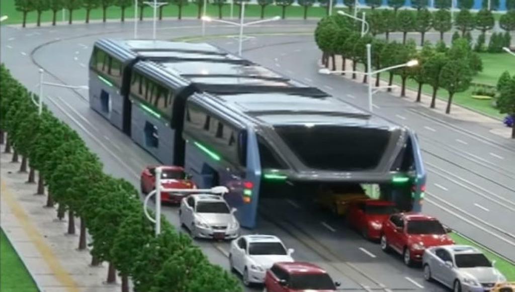 A bus developed for use in China; why sit in traffic when you can go over it?