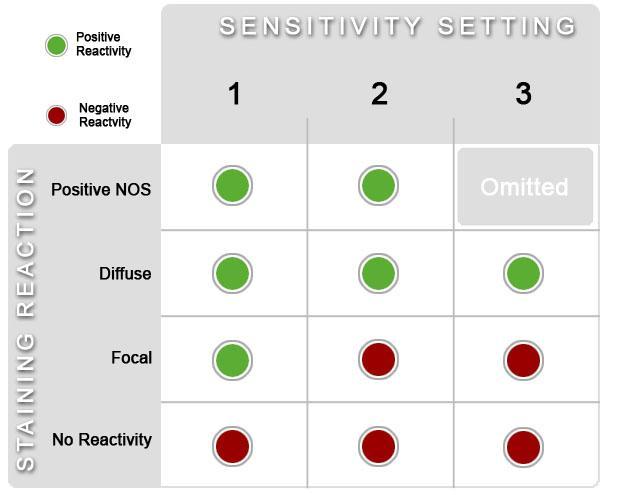 Set Sensitivity The Set Sensitivity radio buttons let you define how sensitive the staining search criteria should be, on a scale of 1 to 3.