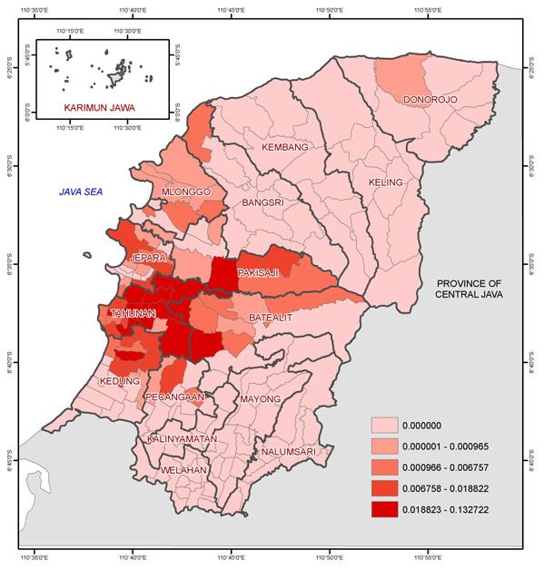 The distribution of furniture enterprises in Jepara (inset Indonesia) Figure 2 describes the distribution of furniture industries: (a) workshops, (b) wood suppliers, and (c) retailers for each
