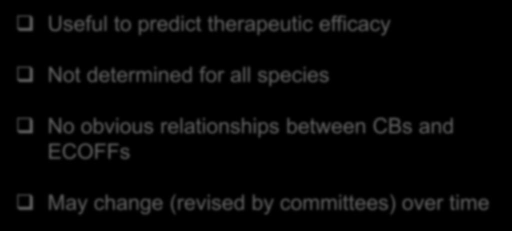 Clinical Breakpoints (CBs) main characteristics Useful to predict therapeutic efficacy Not determined