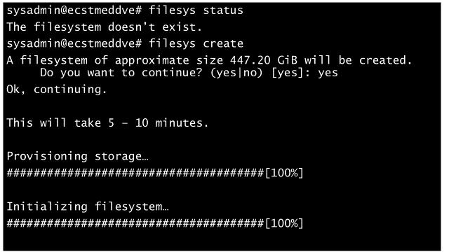 Figure 19 - DD create file system CLI Upon completion of the filesystem creation, a notice is given that the newly initialed