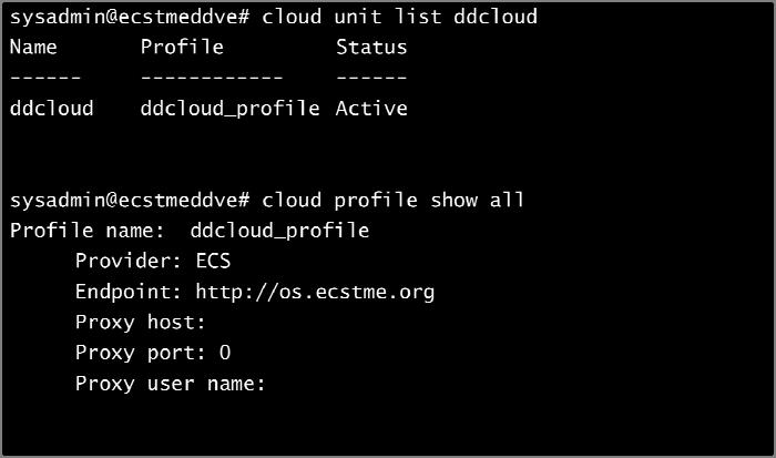 Viewing this configuration from the command line CLI on the Data Domain you can list the status of the cloud unit, and the detail of the cloud profile which confirms the Provider and Endpoint.
