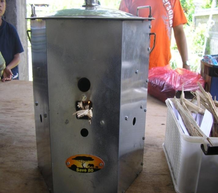 THE STOVE The Fuel Wood Efficient Cooking Stove (Model: SAVE80) used by the projects is a portable stove developed, patented and prefabricated by a German manufacturer.