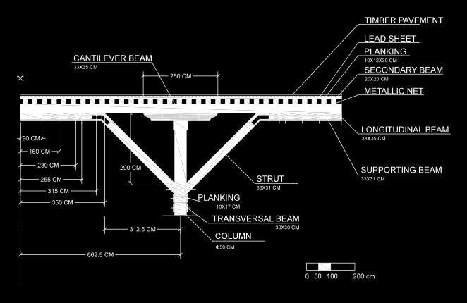 The oblique elements (struts), taking load from the longitudinal beams, are connected by the longitudinal supporting beams.