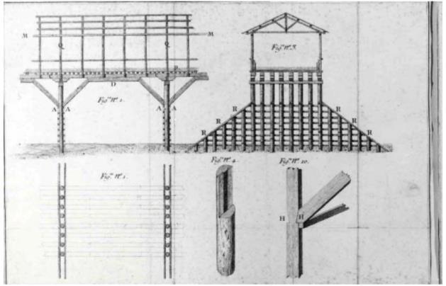 Figure 12 - Comparison between the projects of Palladio (left) and Ferracina (right), Francesco Maria Preti 1750, Civic Museum of Bassano del Grappa Miazzi built a temporary structure in the 1749 to