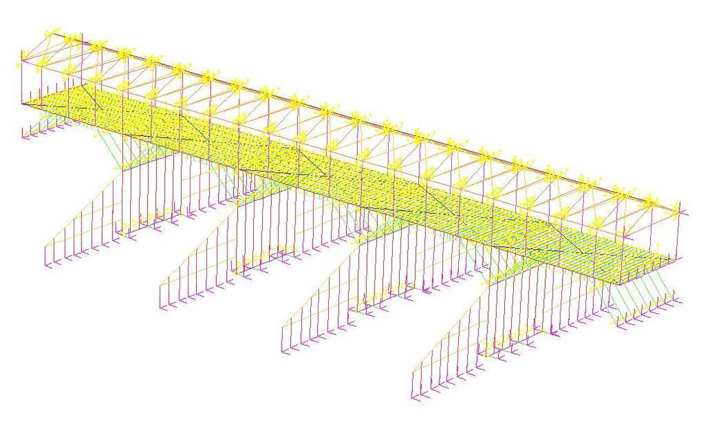 Figure 32 - FEM model of the bridge, linear elements Figure 33 - FEM model of the bridge, solid view of the linear elements Analysing a timber structure, it is fundamental a good understanding of the