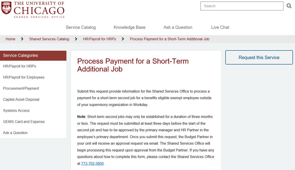 ServiceNow Form Payment for Short-Term Additional Job will be processed in Workday through the OTP