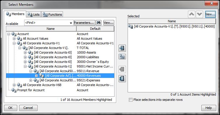 Chapter 5 General Ledger Reporting The following figure shows the Select Members window for the Account dimension.