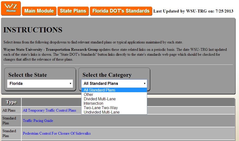 STATE-SPECIFIC EXAMPLE Returns User to Work Zone Safety Homepage Link to the Individual State s Standard Plans Page Most Recent Update of State Plans Each state