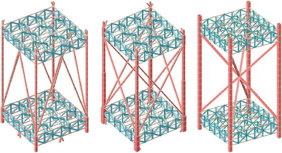 PROGRESSIVE COLLAPSE IN MODULAR MEGA FRAME BUILDINGS 479 (a) Inverse V (b) X shape (c) Interior diagonal bracing Figure 10. Three dimensional view of the subsystem with mega bracing.