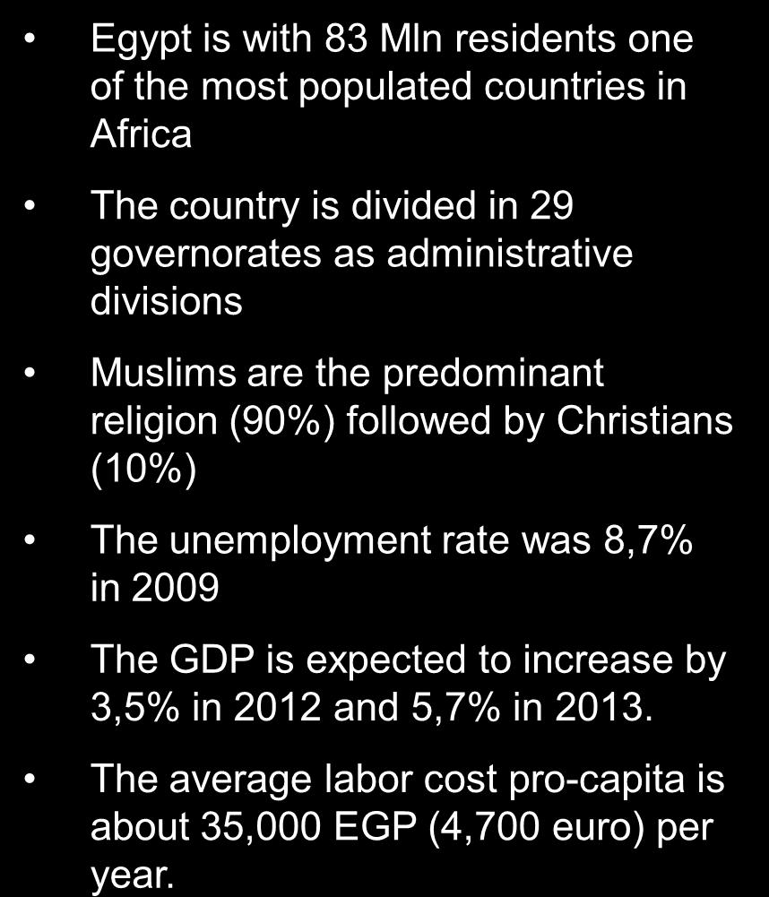 Christians (10%) The unemployment rate was 8,7% in 2009 The GDP is expected to increase