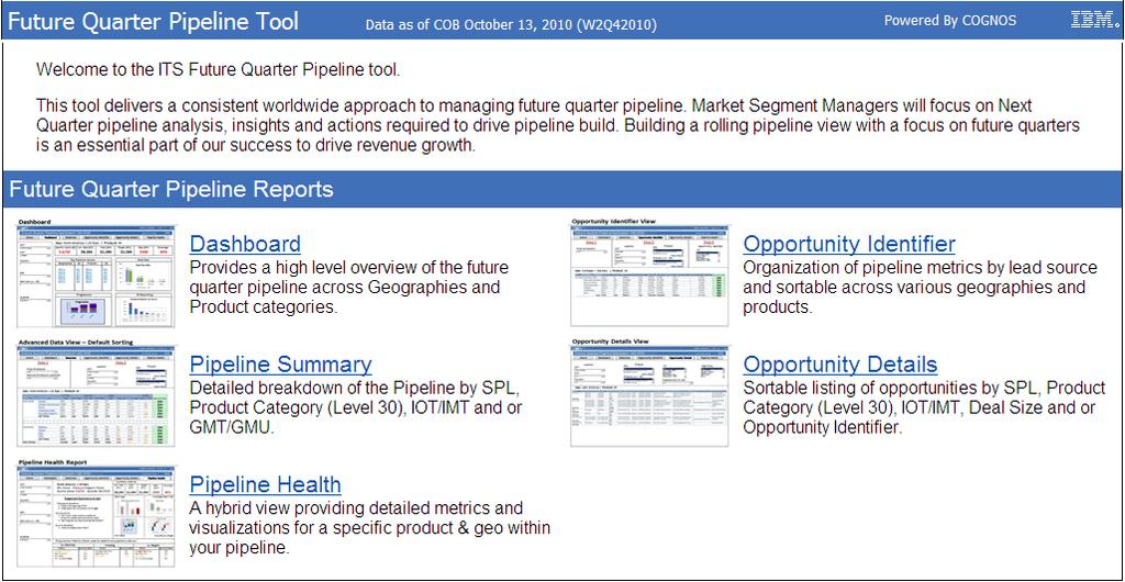 Figure 2 The New Future Quarter Pipeline Tool Source: IBM Corporation: October, 2010 Summary Observations Imagine having a very large database that contains important sales pipeline information and
