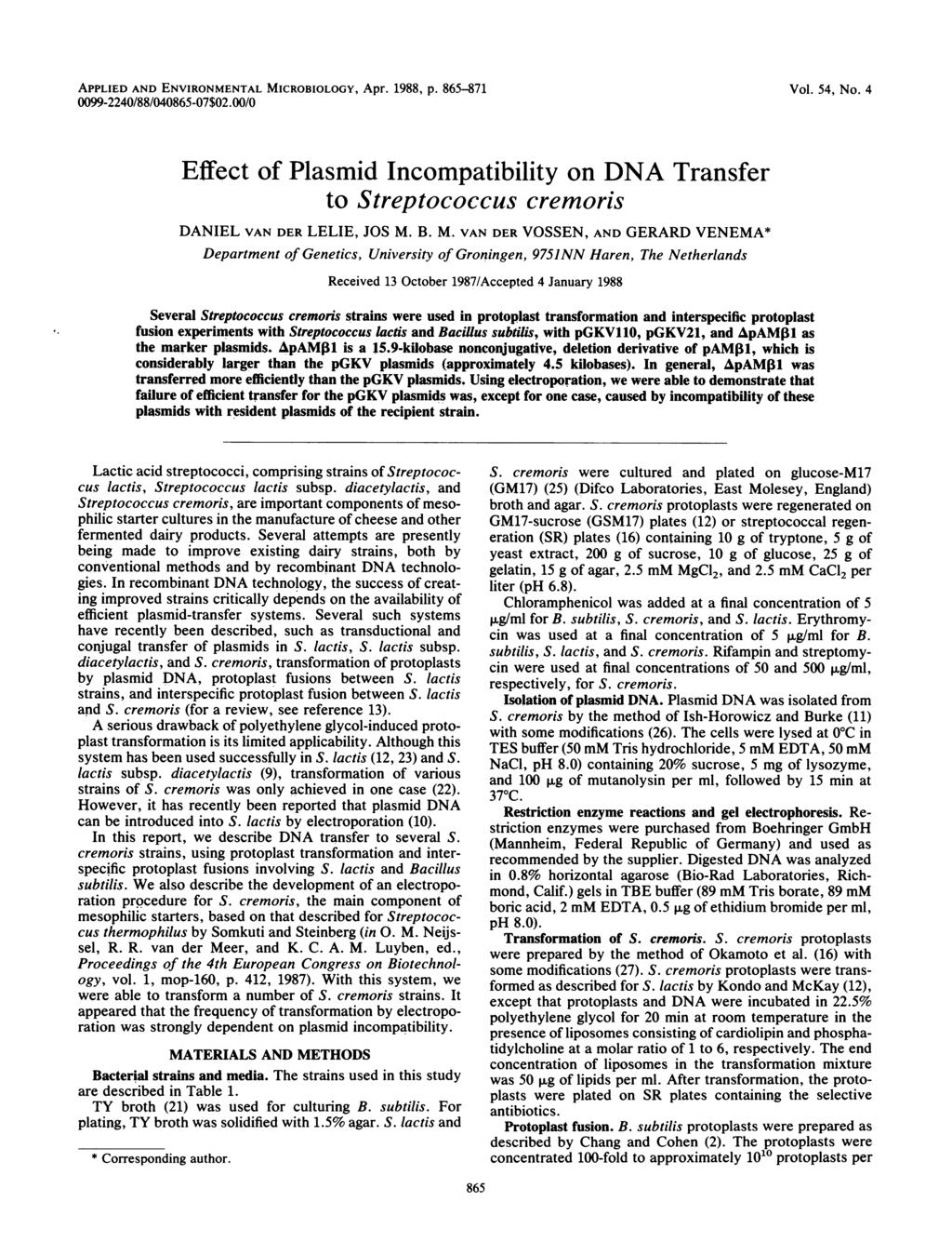 APPLIED AND ENVIRONMENTAL MICROBIOLOGY, Apr. 1988, p. 865-871 0099-2240/88/040865-07$02.00/0 Vol. 54, No.
