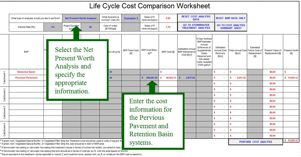 Figure 157 - Life Cycle Cost Comparison Worksheet *For pervious pavement, use the BMP Cost [$/acre-ft] and Estimated Annual BMP Maintenance Cost determined in Scenario 1 for Scenario 2; both of