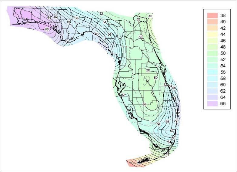 The second map is the mean annual rainfall map (Figure 39). This map allows the user to find the annual rainfall amount applicable to the project site location.