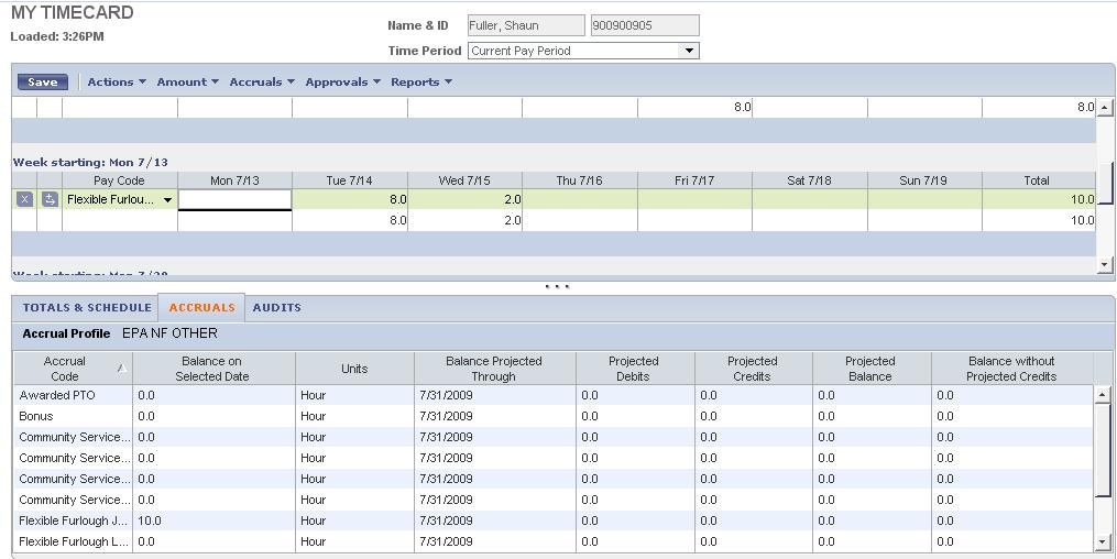Accruals This tab displays the employee s current and projected accrual time, such as vacation or sick.