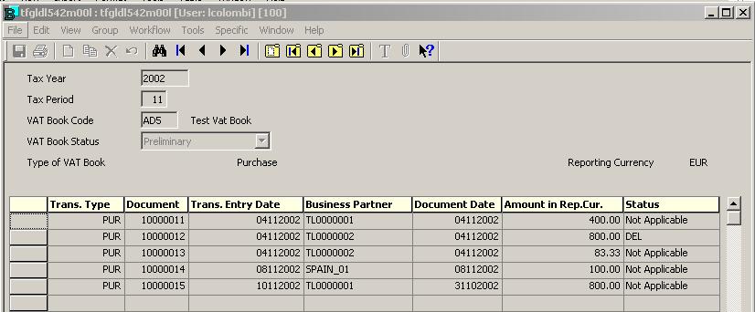 Book Printout Details (tfgldl515m00l) Figure 2-6 VAT Book History (tfgldl542m00l) New runs will override the existing run to ensure consistency with the actual reports printed.
