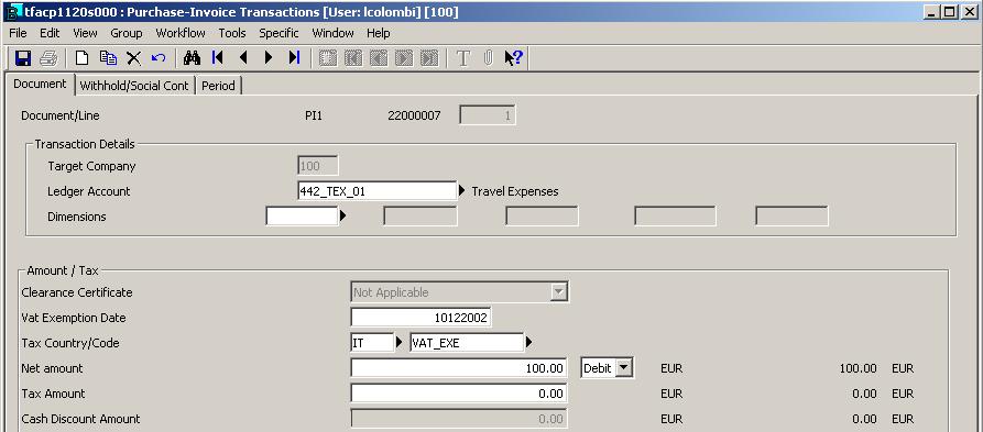Figure 2-18 Purchase Invoice Transactions (tfacp1120s000), Document tab 2.6.