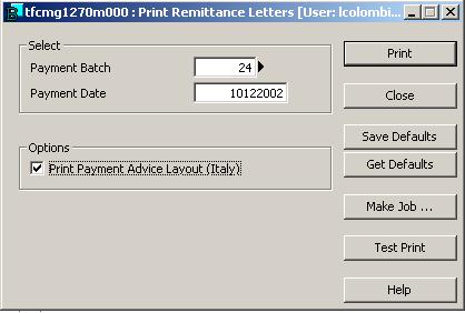 2.8.7 Process automatic payments After you run the transfer payment process, the following report is printed for each bank: Figure 2-45 Bank Remittance Printout report The customized remittance