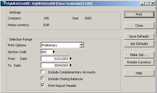 2.2.3 Year-end close When the user prints the Libro Giornale, the user can optionally also select the Print Report Header check box to print the balance sheet accounts closing balance, as shown in