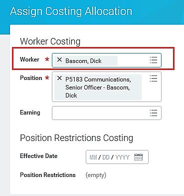 Payroll Costing Allocation Enter Position