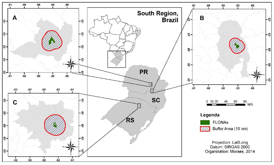 Figure 1. Buffer zone (10 km) location of: (A) Irati National Forest PR (SIR); (B) Três Barras National Forest SC (STB), and (C) Passo Fundo National Forest RS (SPF), Southern Brazil.