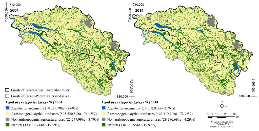 Figure 2. Spatial representation and values (ha/%) of the land uses and cover types of Jacaré- Guaçu and Jacaré-Pepira watershed Rivers for the years 2004 and 2014.