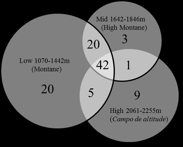 The Venn Diagram shows that the Low altitude class under Montane vegetation, had more exclusive genera. This may be due to sampling artefact, once in this category three sites were sampled.