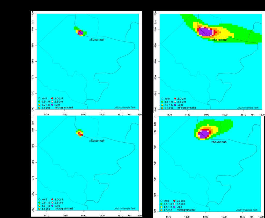 Figure 7. CMAQ (left) and CALPUFF (right) simulated 24-hour average PM2.