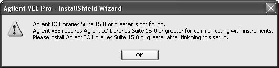 2 The InstallShield Wizard will check if Agilent IO Libraries Suite 15.0 is installed. If it is not, the following message box will appear. Please note that Agilent IO Libraries Suite 15.