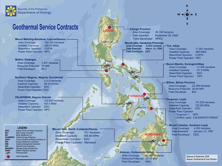 The Philippine Government through the Department of Energy administers the operations of thirteen (13) geothermal service contract areas as of December 2008 shown in Figure 2.