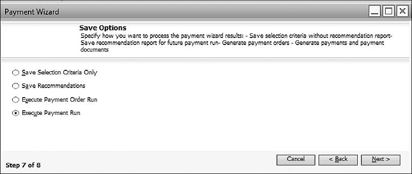 Payment Wizard 8.4 Figure 8.28 Save Options (Step 7 of the Wizard) 8. The final step of the Payment Wizard contains the Payment Run Summary and Printing window, shown in Figure 8.29; Table 8.