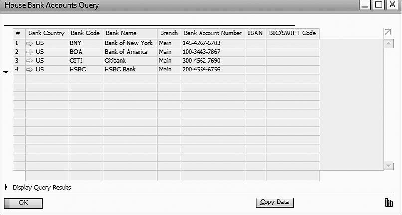 8.4 BP Bank Accounts Query This query displays a list of all business partners for which you have entered banking information on the Payment Terms tab of