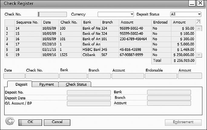 To access the check register functionality, follow the menu path Incoming Payments Check Register. As shown in Figure 8.